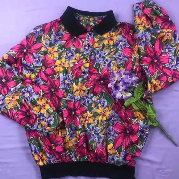 Vintage Tops - Vintage Floral Polo Pullover